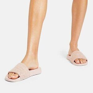 Fitflop iQUSHION Women's Towelling Slide Sandals Beige Buff Cotton Size 6